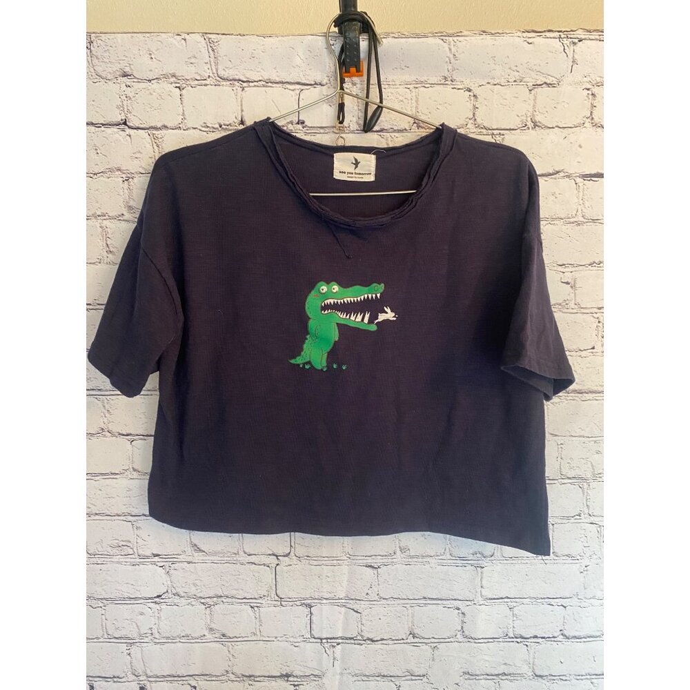 See You Tomorrow Navy Blue Munching Alligator Kidcore Cotton Crop Top M